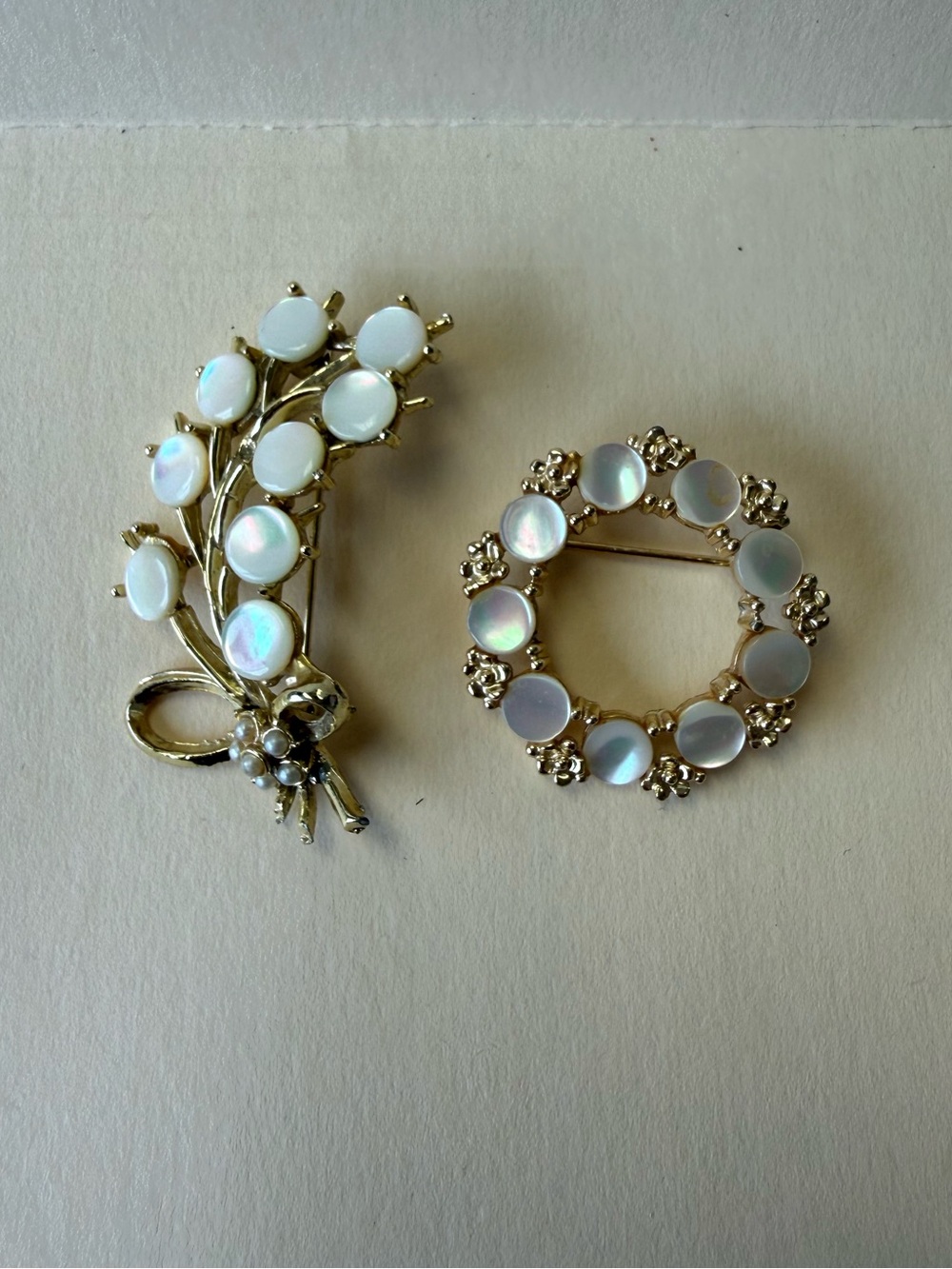 Pair of Vintage Brooches in Pale Gold Tone with Mother-of-Pearl.